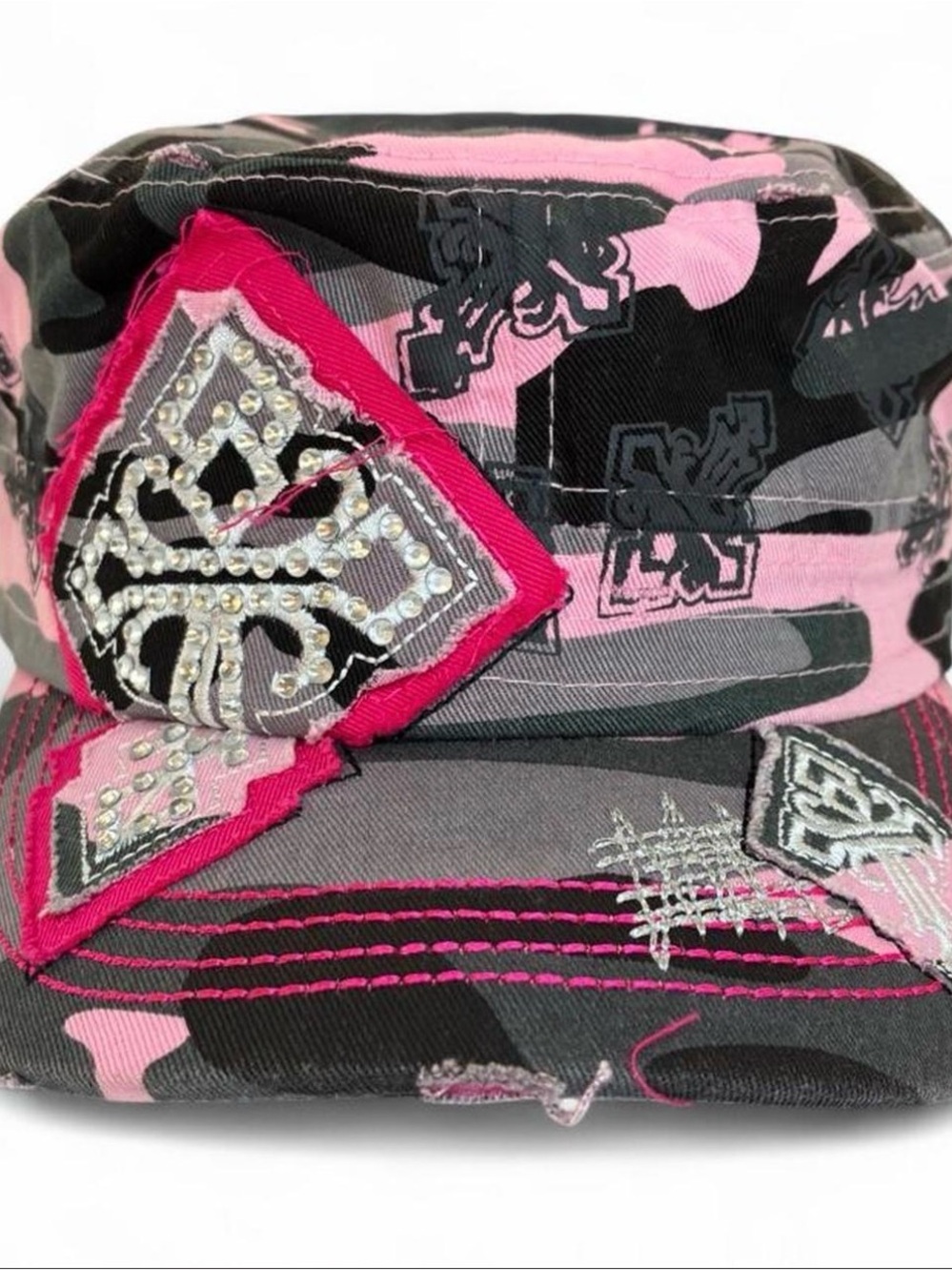 Pink Camo Rhinestone Military Cadet Cap Y2K Bling Hat NWT